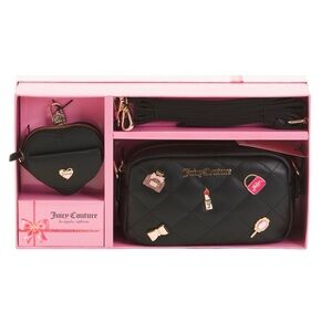 Juicy Couture Black Quilted Crossbody Bag Gift Set with Heart Coin Pouch NWT